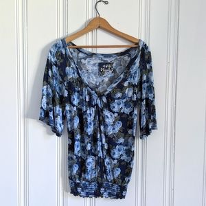 • Mudd • Blue Floral Bell Sleeve Blouse •